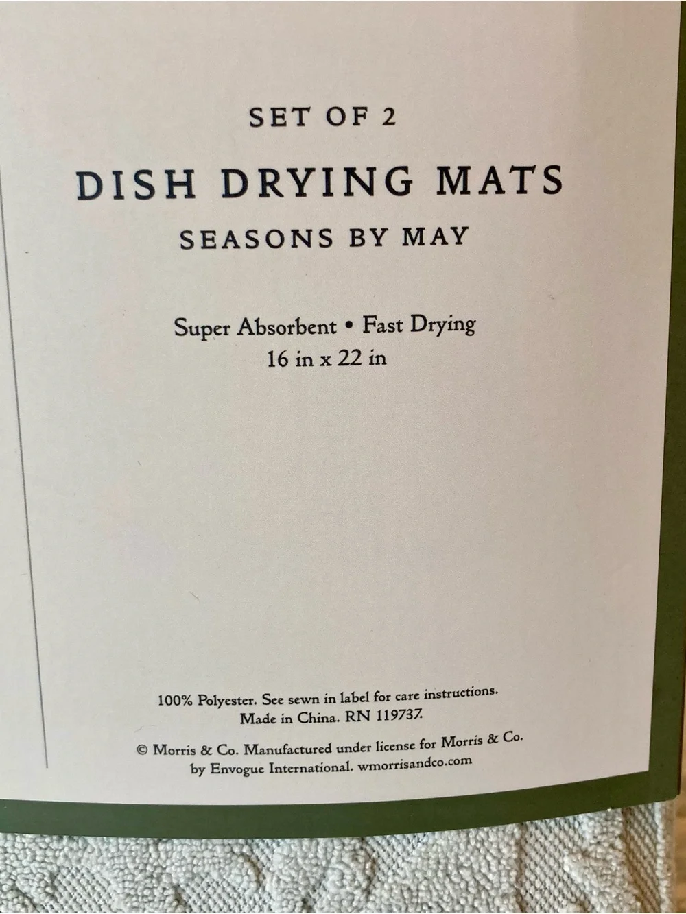 NWT Morris & Co. Dish Drying Mats - Light Gray Floral Set of 2